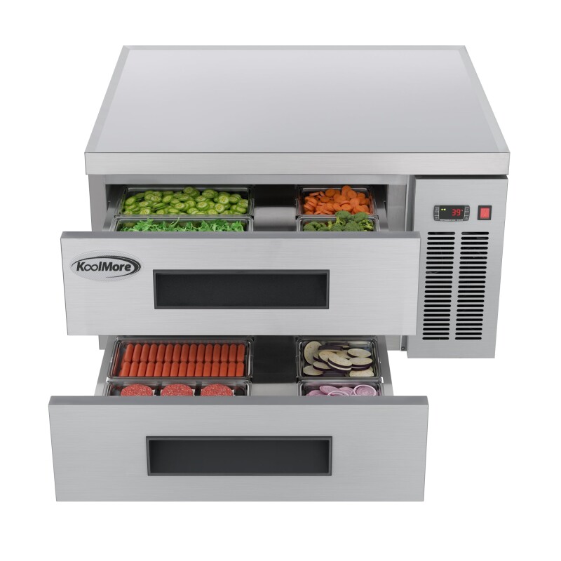 36 in. Commercial Chef Base Refrigerator Storage Cabinet for Cold Foods, Fresh Ingredients, and Condiments, Refrigerated Pull-Out Drawers, Rolling Caster Wheels, ETL Listed KMBR362D, product image 2 of 10