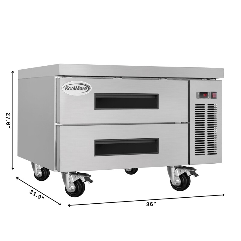 36 in. Commercial Chef Base Refrigerator Storage Cabinet for Cold Foods, Fresh Ingredients, and Condiments, Refrigerated Pull-Out Drawers, Rolling Caster Wheels, ETL Listed KMBR362D, product image 3 of 10