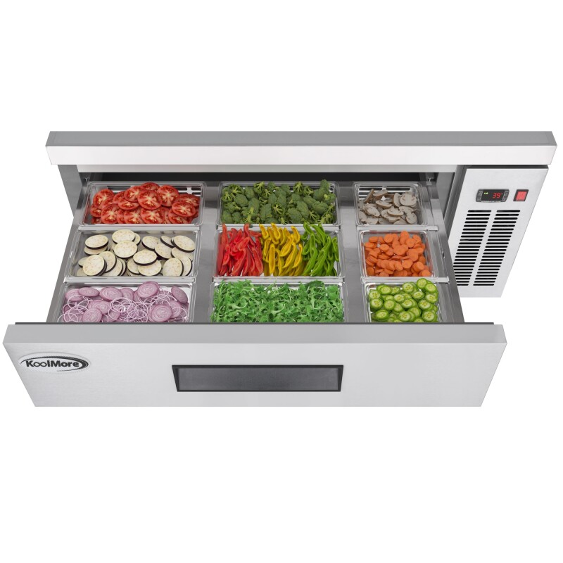48 in. Commercial Chef Base Refrigerator Storage Cabinet for Cold Foods, Fresh Ingredients, and Condiments, Refrigerated Pull-Out Drawers, Rolling Caster Wheels, ETL Listed KMBR482D, product image 4 of 10