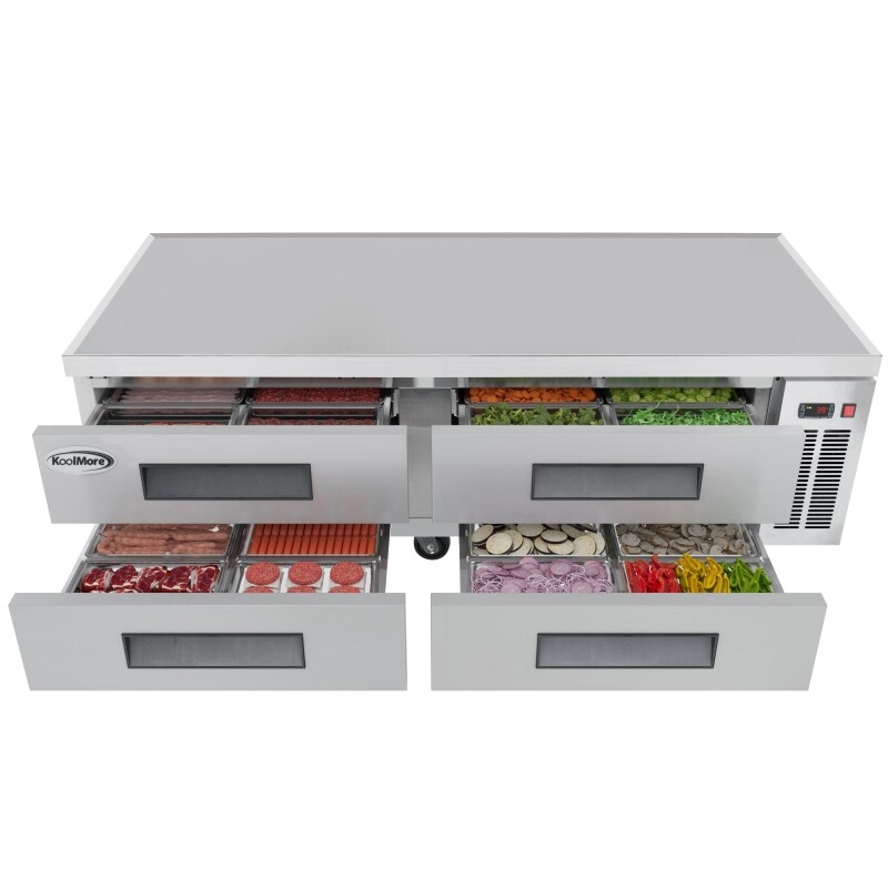 72 in. Commercial Chef Base Refrigerator Storage Cabinet for Cold Foods, Fresh Ingredients, and Condiments, Refrigerated Pull-Out Drawers, Rolling Caster Wheels, ETL Listed KMBR724D, product image 4 of 10