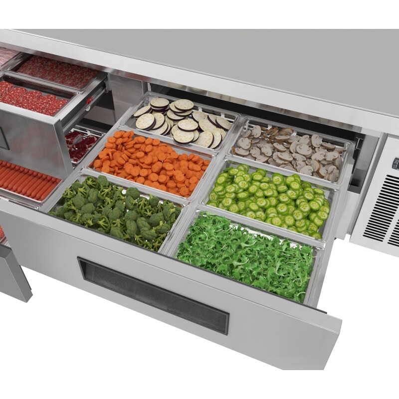 72 in. Commercial Chef Base Refrigerator Storage Cabinet for Cold Foods, Fresh Ingredients, and Condiments, Refrigerated Pull-Out Drawers, Rolling Caster Wheels, ETL Listed KMBR724D, product image 5 of 10