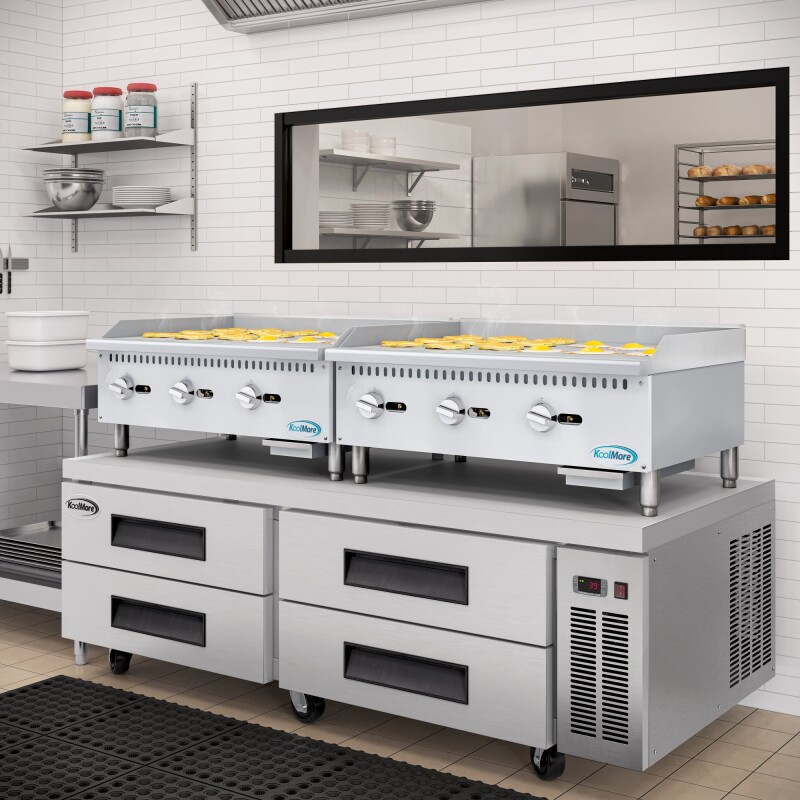 72 in. Commercial Chef Base Refrigerator Storage Cabinet for Cold Foods, Fresh Ingredients, and Condiments, Refrigerated Pull-Out Drawers, Rolling Caster Wheels, ETL Listed KMBR724D, product image 7 of 10