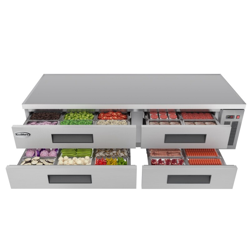 84 in. Commercial Chef Base Refrigerator Storage Cabinet for Cold Foods, Fresh Ingredients, and Condiments, Refrigerated Pull-Out Drawers, Rolling Caster Wheels, ETL Listed KMBR844D, product image 2 of 11