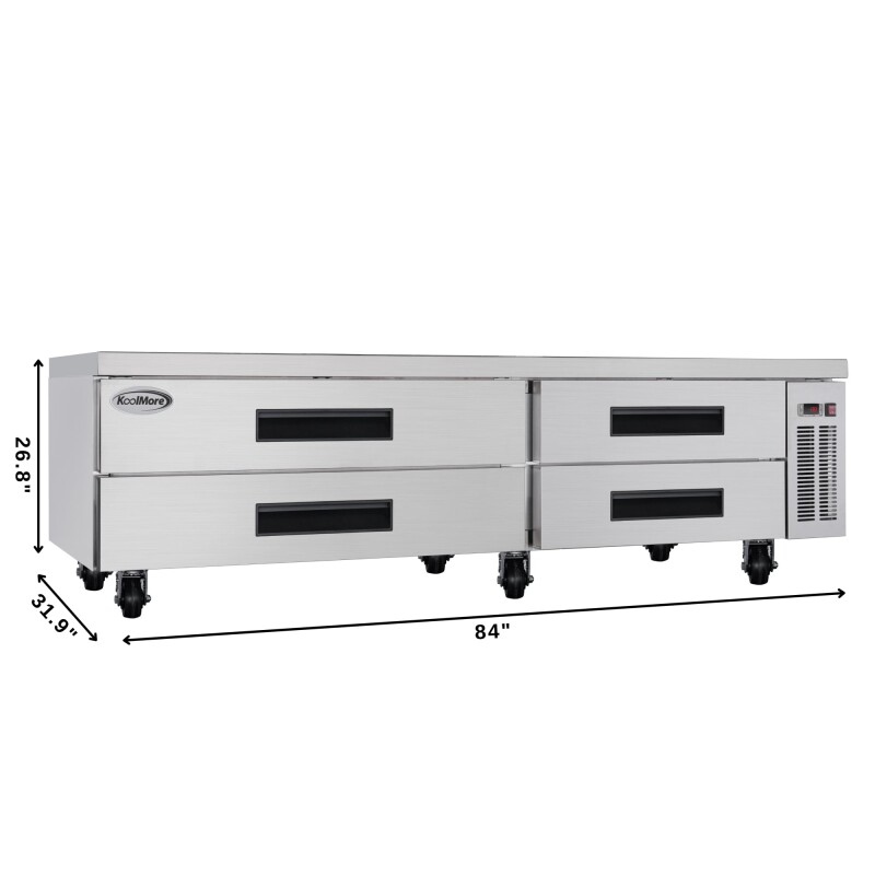 84 in. Commercial Chef Base Refrigerator Storage Cabinet for Cold Foods, Fresh Ingredients, and Condiments, Refrigerated Pull-Out Drawers, Rolling Caster Wheels, ETL Listed KMBR844D, product image 3 of 11