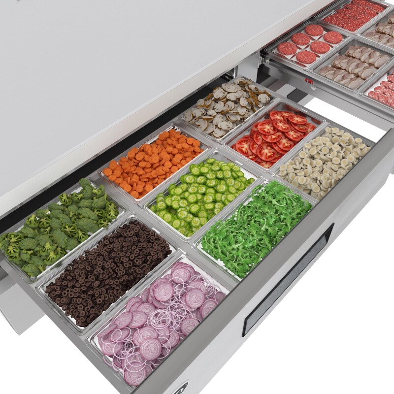 84 in. Commercial Chef Base Refrigerator Storage Cabinet for Cold Foods, Fresh Ingredients, and Condiments, Refrigerated Pull-Out Drawers, Rolling Caster Wheels, ETL Listed KMBR844D, product image 4 of 11
