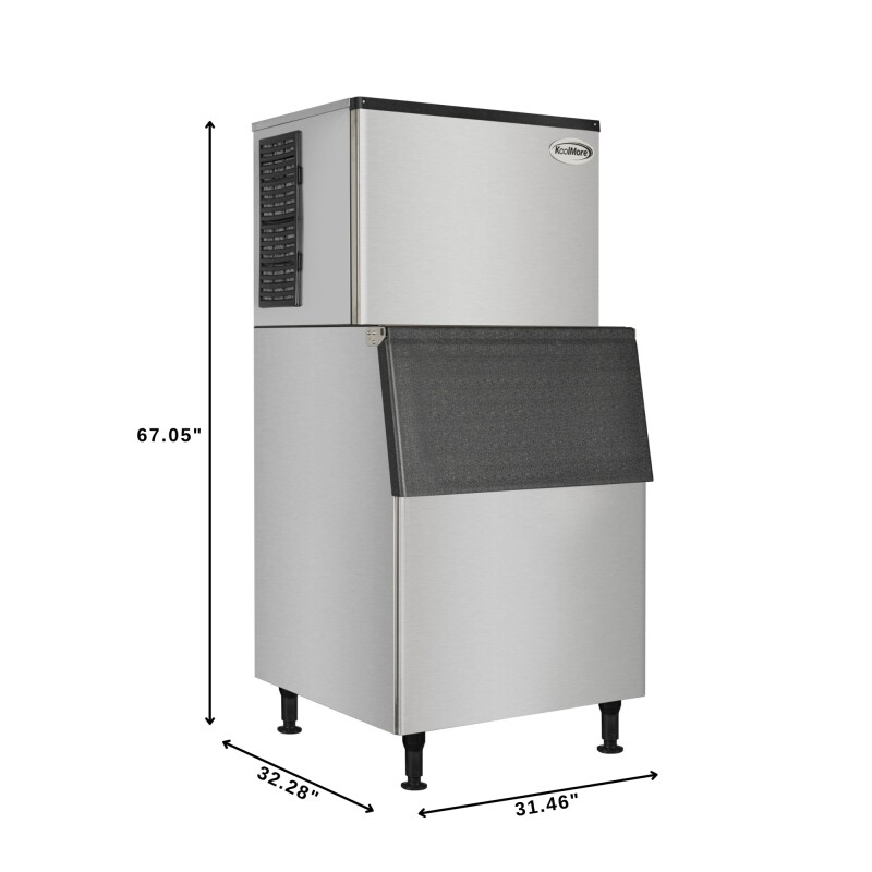 Commercial Ice Machine 500 lb/24hr, Air-Cooled, 375 lb Storage Bin, Freestanding, ETL Listed in Stainless-Steel and Black KMCIM500, product image 2 of 11
