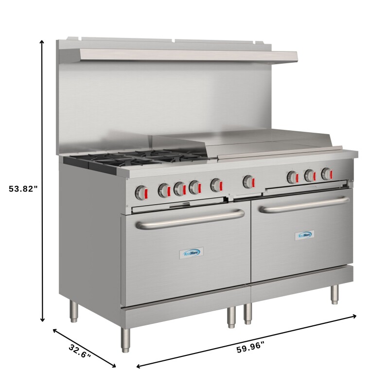 60 in. Commercial Natural Gas Range – 4 Burners, 36 in. Griddle, 2 Standard Ovens in Stainless-Steel KMCRG364NG, product image 3 of 13