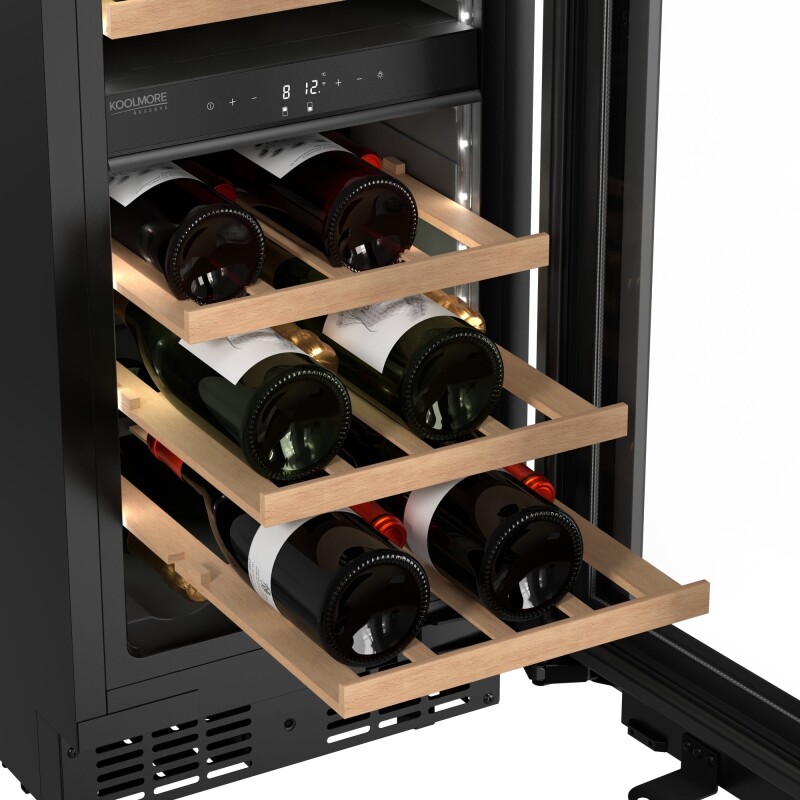 Reserve 15 in. Under-Counter Panel Ready Dual Zone Built-in Wine Cooler with 23 Bottle Capacity and Wooden Shelves in Black KMCW28DZWPR, product image 8 of 13