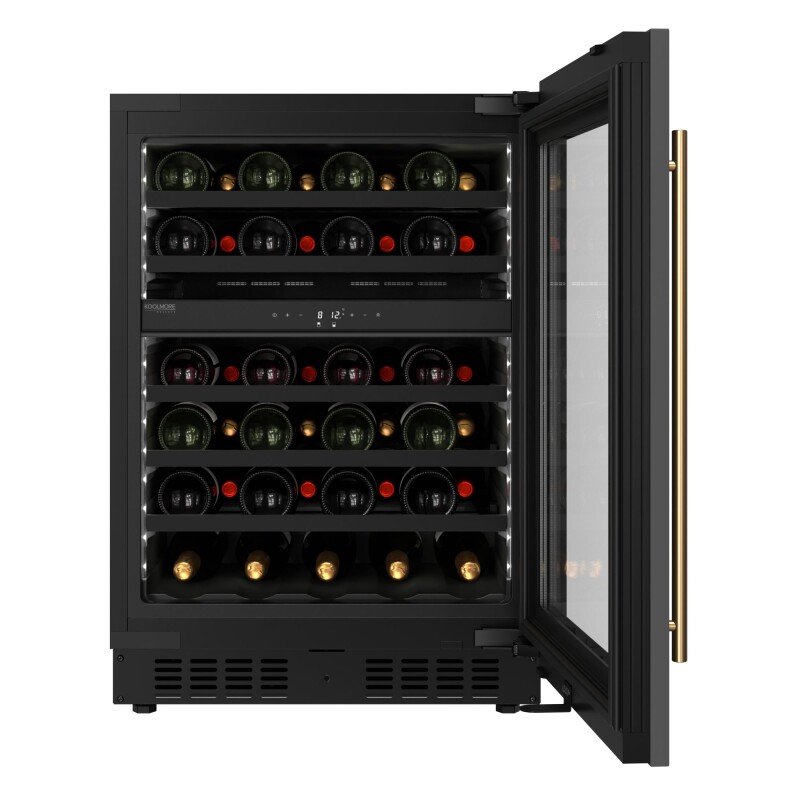 Reserve 24 in. Under-Counter Panel Ready Dual Zone Built-in Wine Cooler with Black Shelves and 45 Bottle Capacity in Black KMCW46DZBPR, product image 2 of 12