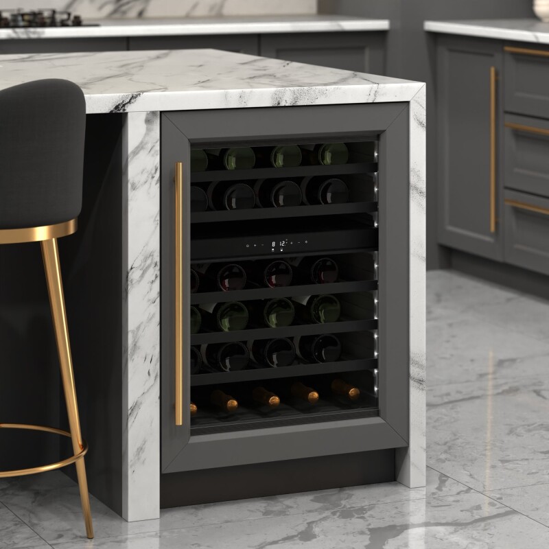 Reserve 24 in. Under-Counter Panel Ready Dual Zone Built-in Wine Cooler with Black Shelves and 45 Bottle Capacity in Black KMCW46DZBPR, product image 6 of 12
