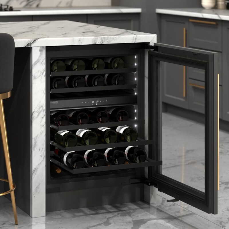 Reserve 24 in. Under-Counter Panel Ready Dual Zone Built-in Wine Cooler with Black Shelves and 45 Bottle Capacity in Black KMCW46DZBPR, product image 7 of 12