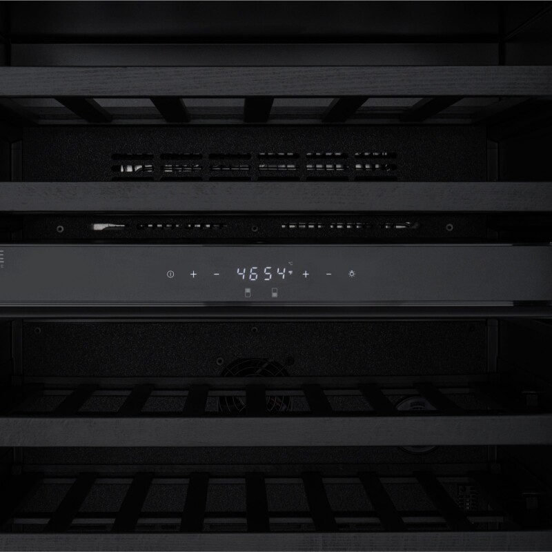 Reserve 24 in. Under-Counter Panel Ready Dual Zone Built-in Wine Cooler with Black Shelves and 45 Bottle Capacity in Black KMCW46DZBPR, product image 9 of 12