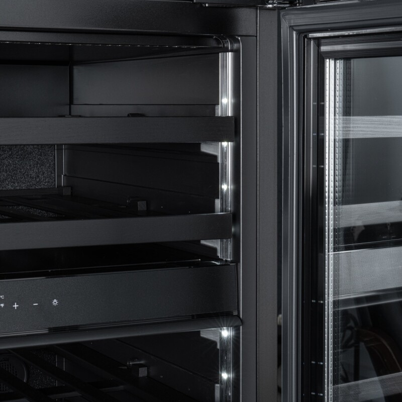 Reserve 24 in. Under-Counter Panel Ready Dual Zone Built-in Wine Cooler with Black Shelves and 45 Bottle Capacity in Black KMCW46DZBPR, product image 10 of 12