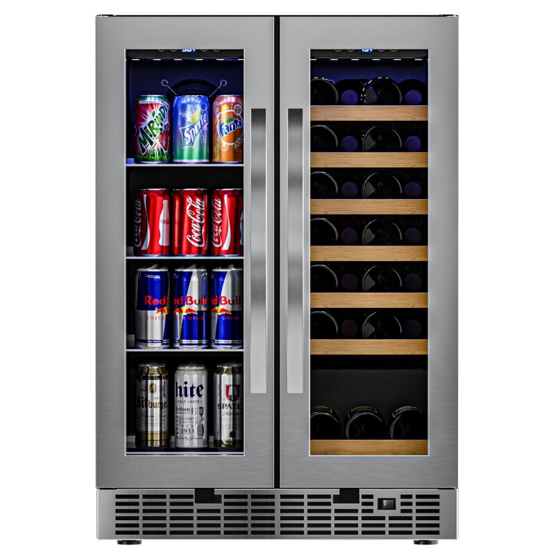 24 in. Dual Zone, Full Glass Door, 21-Bottle/60-Can Wine and Beverage Cooler, Freestanding or Built-in Unit, 4 cu ft KMCWB1830SS