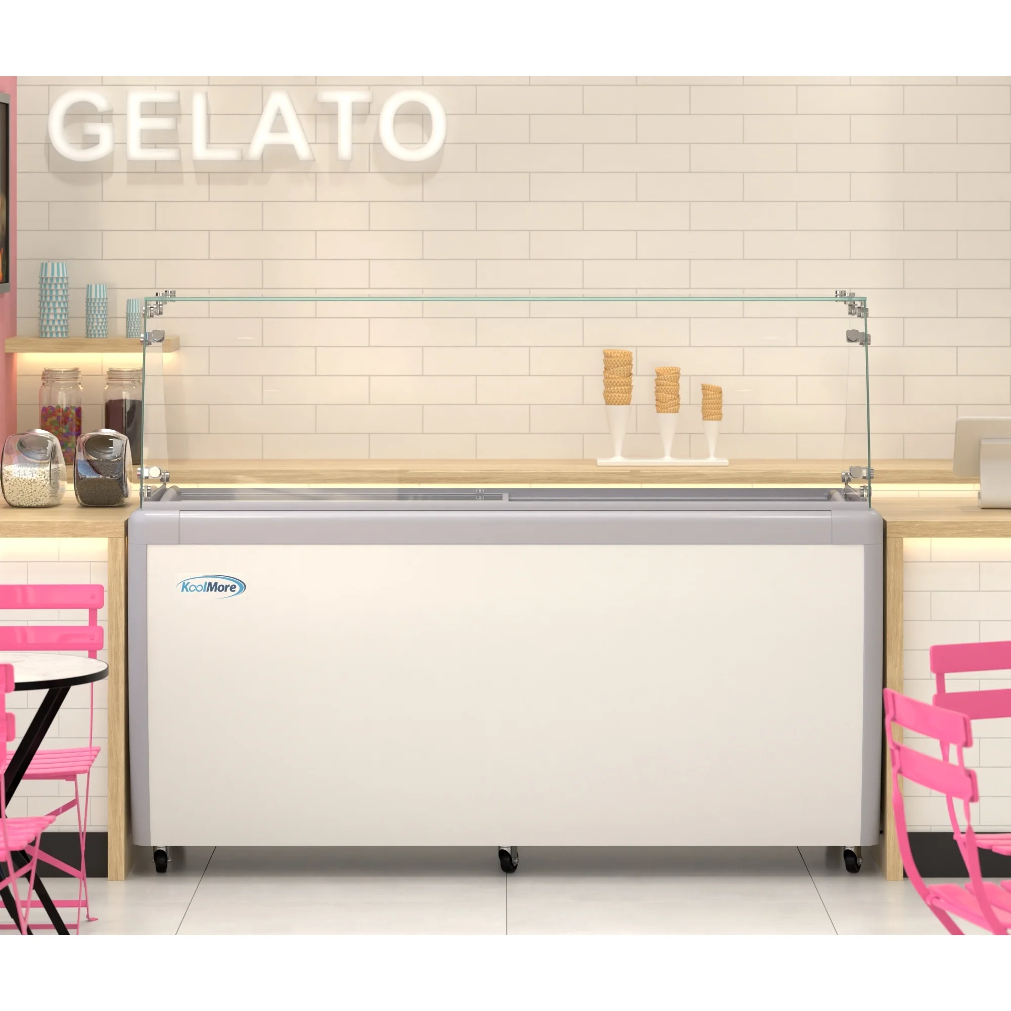 70 in. 14-Pan Gelato Dipping Cabinet Display Freezer with Sliding Glass Door and Sneeze Guard, 20 cu. ft KMGDC71SDFG