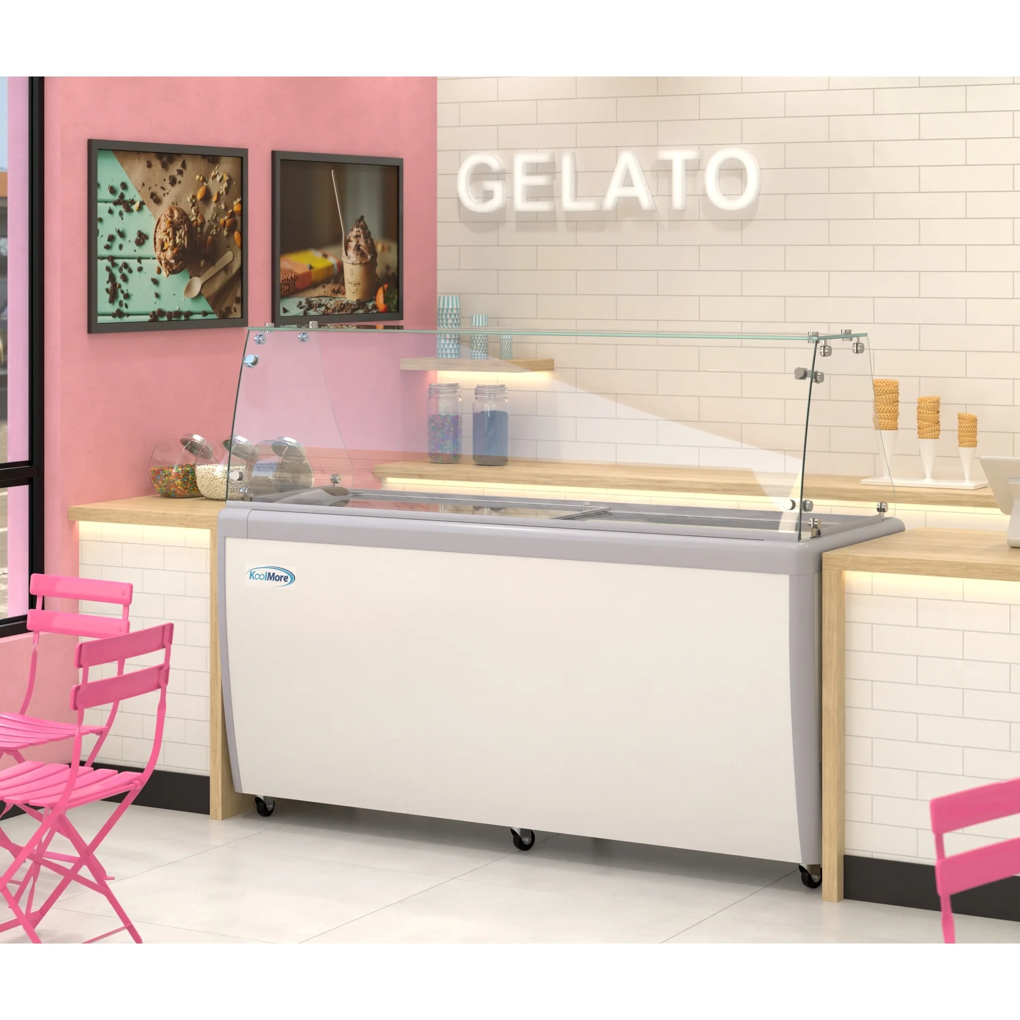 70 in. 14-Pan Gelato Dipping Cabinet Display Freezer with Sliding Glass Door and Sneeze Guard, 20 cu. ft KMGDC71SDFG