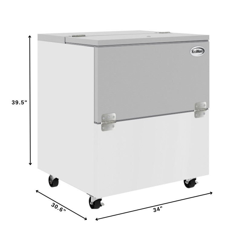 34 in. Commercial Milk Cooler for School and Cafeteria, 8 Crate Capacity with Heavy Duty Casters in Stainless Steel and White KMMC34HDC
