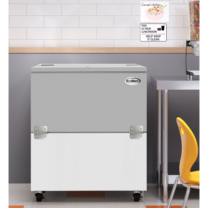 34 in. Commercial Milk Cooler for School and Cafeteria, 8 Crate Capacity with Heavy Duty Casters in Stainless Steel and White KMMC34HDC