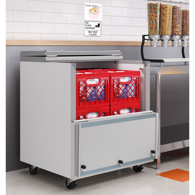 34 in. Commercial Milk Cooler for School and Cafeteria, 8 Crate Capacity with Heavy Duty Casters in Stainless Steel and White KMMC34HDC
