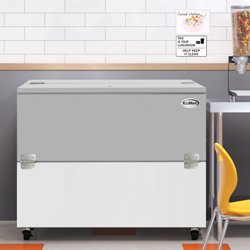 49 in. Commercial Milk Cooler for School and Cafeteria, 12 Crate Capacity with Heavy Duty Casters in Stainless Steel and White KMMC49HDC, product image 5 of 13