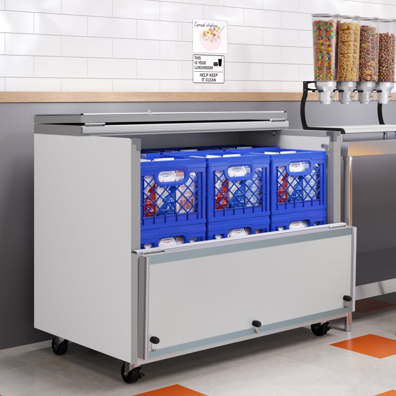 49 in. Commercial Milk Cooler for School and Cafeteria, 12 Crate Capacity with Heavy Duty Casters in Stainless Steel and White KMMC49HDC, product image 6 of 13