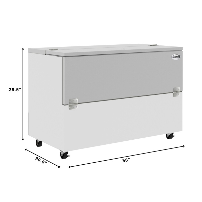 58 in. Commercial Milk Cooler for School and Cafeteria, 16 Crate Capacity with Heavy Duty Casters in Stainless Steel and White KMMC58HDC