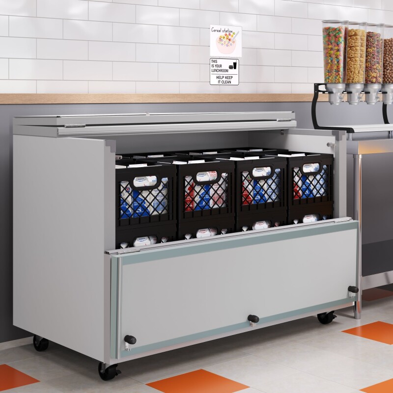 58 in. Commercial Milk Cooler for School and Cafeteria, 16 Crate Capacity with Heavy Duty Casters in Stainless Steel and White KMMC58HDC
