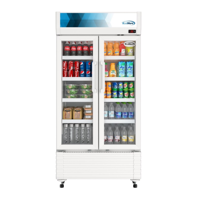 35 in. Commercial 2-Glass Door Merchandiser Refrigerator, 16.5 cu. ft. in White KMMDR2GD35