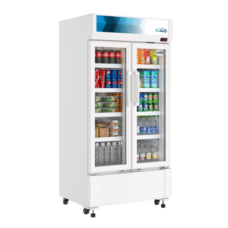 35 in. Commercial 2-Glass Door Merchandiser Refrigerator, 16.5 cu. ft. in White KMMDR2GD35