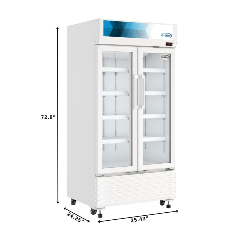 35 in. Commercial 2-Glass Door Merchandiser Refrigerator, 16.5 cu. ft. in White KMMDR2GD35