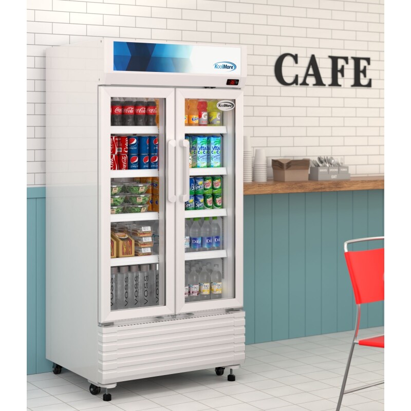 35 in. Commercial 2-Glass Door Merchandiser Refrigerator, 16.5 cu. ft. in White KMMDR2GD35