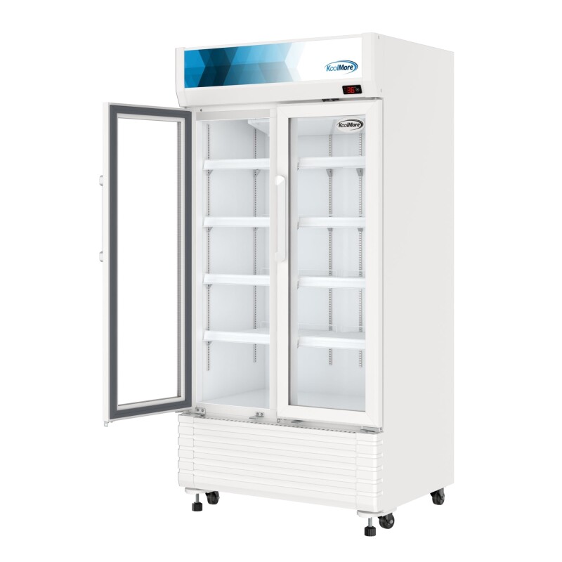 35 in. Commercial 2-Glass Door Merchandiser Refrigerator, 16.5 cu. ft. in White KMMDR2GD35