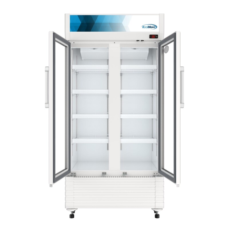 35 in. Commercial 2-Glass Door Merchandiser Refrigerator, 16.5 cu. ft. in White KMMDR2GD35