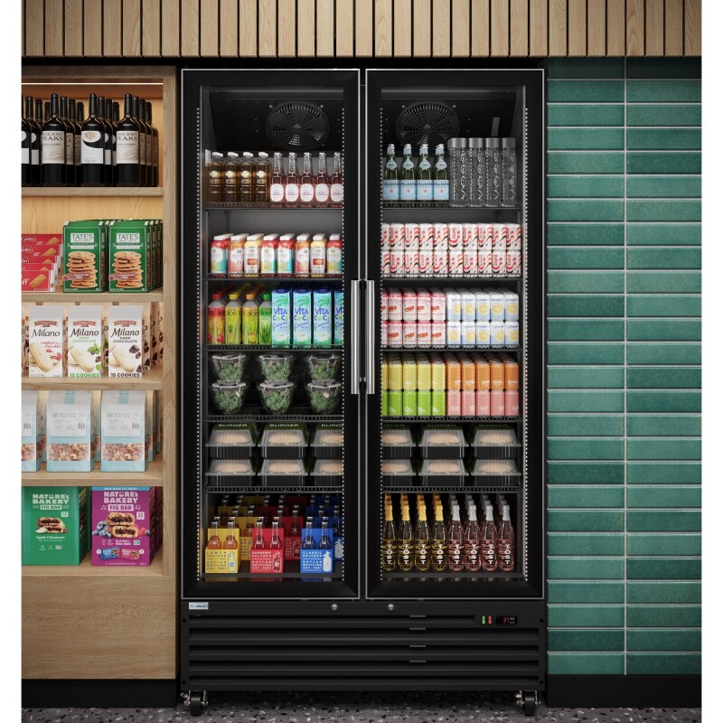 47 in. Two-Door Commercial Display Merchandiser Refrigerator in Sleek Black, 35 cu. ft. ETL Listed KMMDR2GD35CNLBK