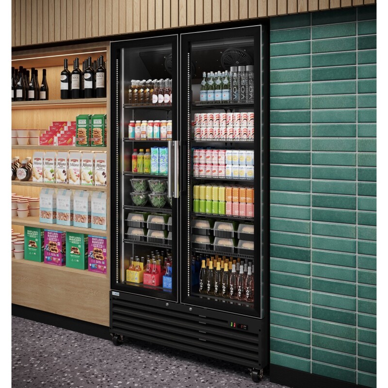 47 in. Two-Door Commercial Display Merchandiser Refrigerator in Sleek Black, 35 cu. ft. ETL Listed KMMDR2GD35CNLBK
