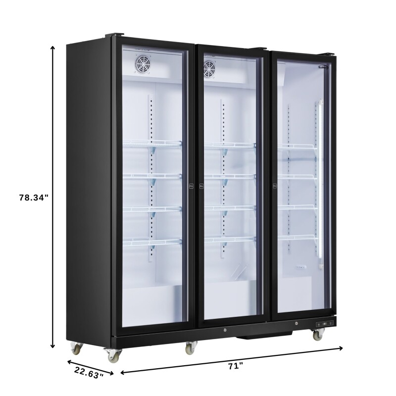 71 in. Commercial 3 Fully Glass Door Merchandiser Refrigerator, 46 cu. ft., ETL Listed in Black KMMDR3FGD