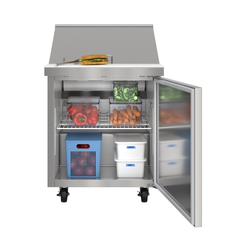 27 in. Commercial 1-Door Refrigerated Mega Salad and Sandwich Prep Table, 12 Pan Capacity and 8 Cu. Ft. of Storage in Stainless-Steel KMMPTR271D, product image 2 of 13