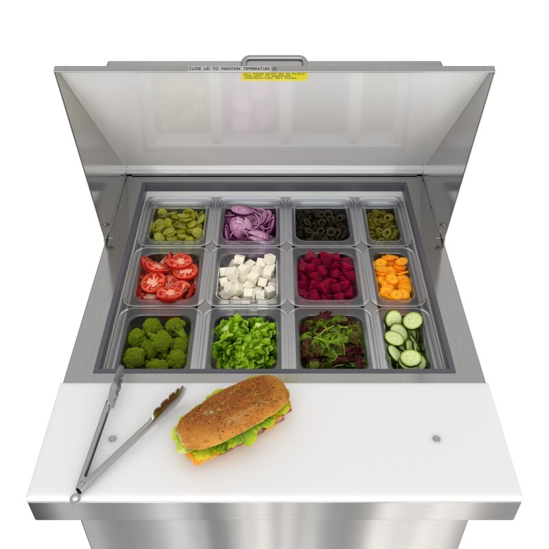 27 in. Commercial 1-Door Refrigerated Mega Salad and Sandwich Prep Table, 12 Pan Capacity and 8 Cu. Ft. of Storage in Stainless-Steel KMMPTR271D, product image 4 of 13