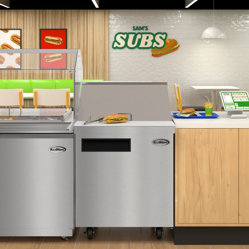 27 in. Commercial 1-Door Refrigerated Mega Salad and Sandwich Prep Table, 12 Pan Capacity and 8 Cu. Ft. of Storage in Stainless-Steel KMMPTR271D, product image 5 of 13