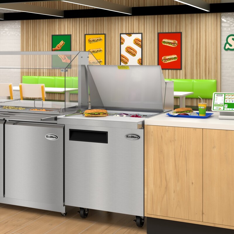 27 in. Commercial 1-Door Refrigerated Mega Salad and Sandwich Prep Table, 12 Pan Capacity and 8 Cu. Ft. of Storage in Stainless-Steel KMMPTR271D, product image 6 of 13