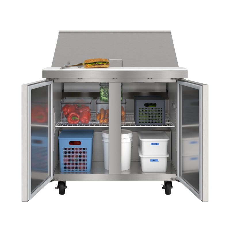 36 in. Commercial 2-Door Refrigerated Mega Salad and Sandwich Prep Table, 15 Pan Capacity and 11 Cu. Ft. of Storage in Stainless-Steel KMMPTR362D, product image 2 of 13