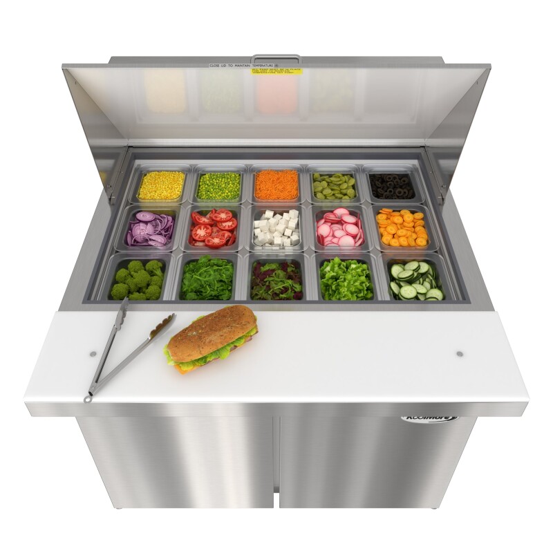 36 in. Commercial 2-Door Refrigerated Mega Salad and Sandwich Prep Table, 15 Pan Capacity and 11 Cu. Ft. of Storage in Stainless-Steel KMMPTR362D, product image 4 of 13