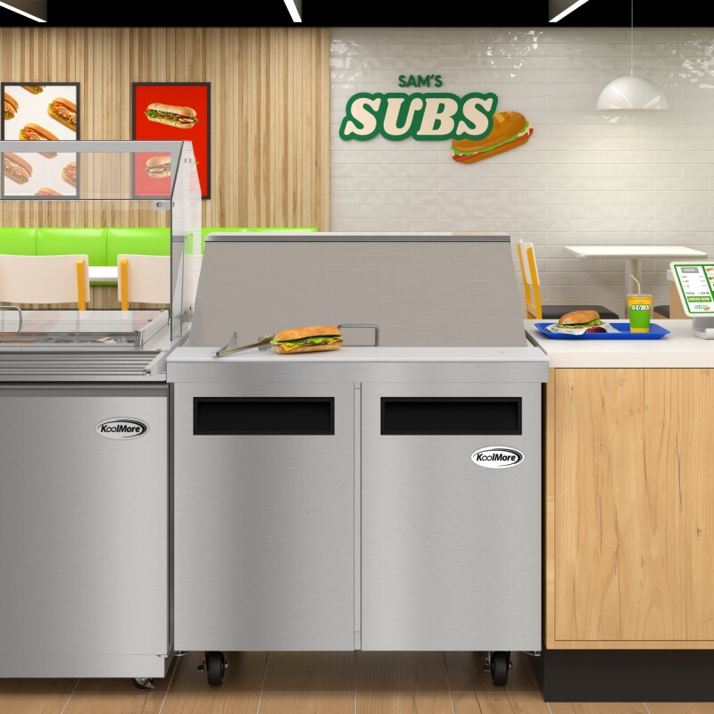 36 in. Commercial 2-Door Refrigerated Mega Salad and Sandwich Prep Table, 15 Pan Capacity and 11 Cu. Ft. of Storage in Stainless-Steel KMMPTR362D, product image 5 of 13