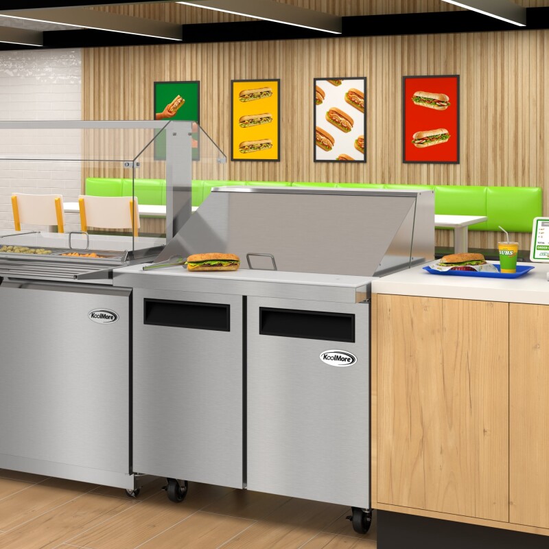 36 in. Commercial 2-Door Refrigerated Mega Salad and Sandwich Prep Table, 15 Pan Capacity and 11 Cu. Ft. of Storage in Stainless-Steel KMMPTR362D, product image 6 of 13