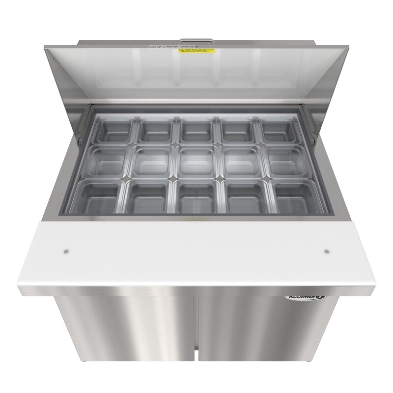 36 in. Commercial 2-Door Refrigerated Mega Salad and Sandwich Prep Table, 15 Pan Capacity and 11 Cu. Ft. of Storage in Stainless-Steel KMMPTR362D, product image 7 of 13