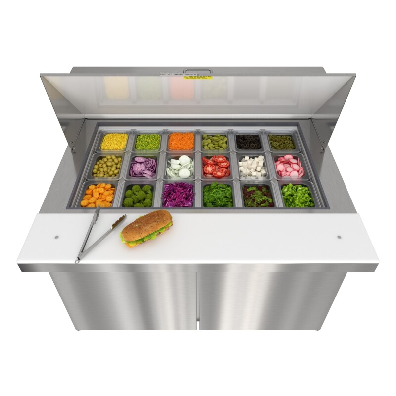 46 in. Commercial 2-Door Refrigerated Mega Salad and Sandwich Prep Table, 18 Pan Capacity and 14 Cu. Ft. of Storage in Stainless-Steel KMMPTR462D, product image 4 of 13