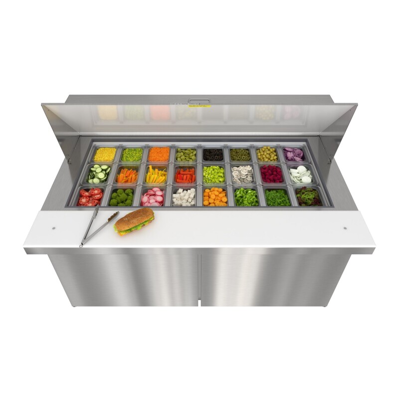 60 in. Commercial 2-Door Refrigerated Mega Salad and Sandwich Prep Table, 24 Pan Capacity and 18.4 Cu. Ft. of Storage in Stainless-Steel KMMPTR602D, product image 4 of 13