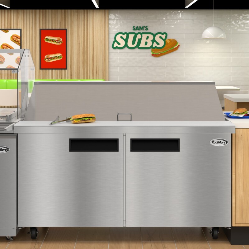 60 in. Commercial 2-Door Refrigerated Mega Salad and Sandwich Prep Table, 24 Pan Capacity and 18.4 Cu. Ft. of Storage in Stainless-Steel KMMPTR602D, product image 5 of 13