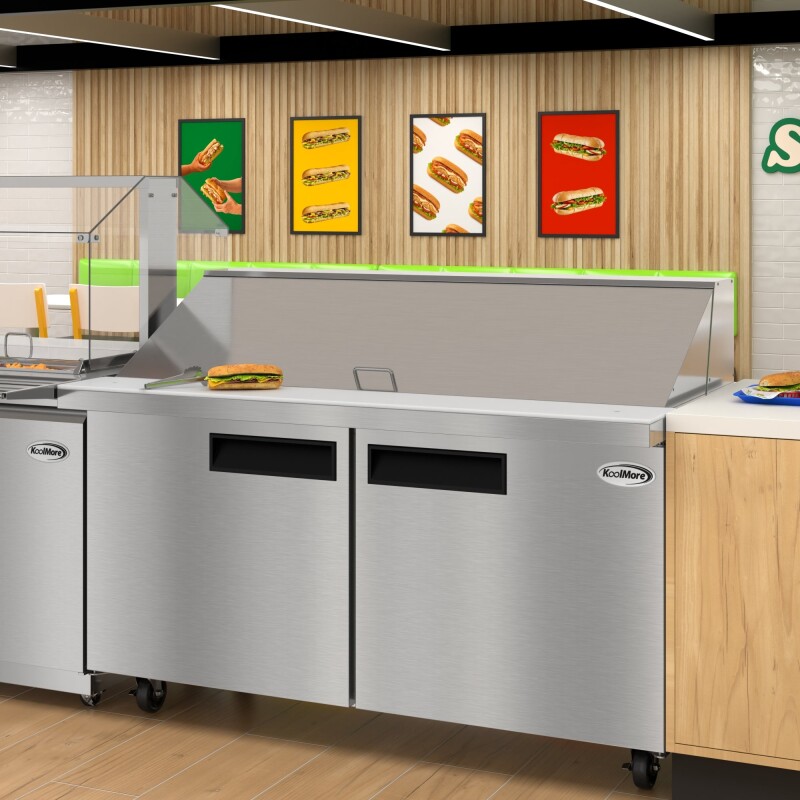 60 in. Commercial 2-Door Refrigerated Mega Salad and Sandwich Prep Table, 24 Pan Capacity and 18.4 Cu. Ft. of Storage in Stainless-Steel KMMPTR602D, product image 6 of 13