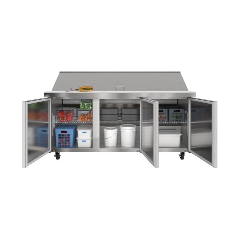 70 in. Commercial 3-Door Refrigerated Mega Salad and Sandwich Prep Table, 30 Pan Capacity and 22 Cu. Ft. of Storage in Stainless-Steel KMMPTR703D, product image 2 of 13